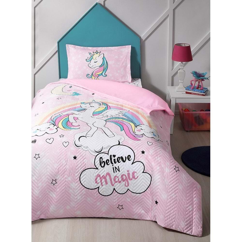 Özdilek Kapitoneli Tek Kişilik Çocuk Dört Mevsim Nevresim Takımı Complete Set-Unicorn Pembe