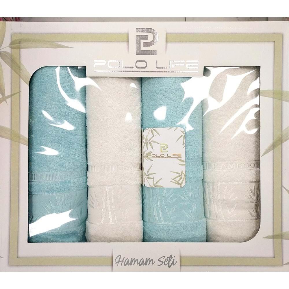 Polo Life 4 Parça Bamboo Hamam Seti (Büyük Boy), Banyo Havlu Takımı-Krem Turkuaz