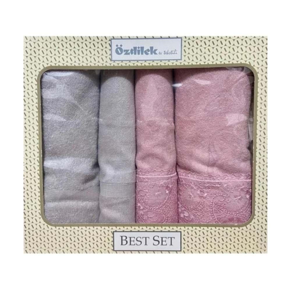Özdilek 4 Parça Best Hamam Seti, Banyo Havlu Takımı-Fidelya A.Gri Pembe