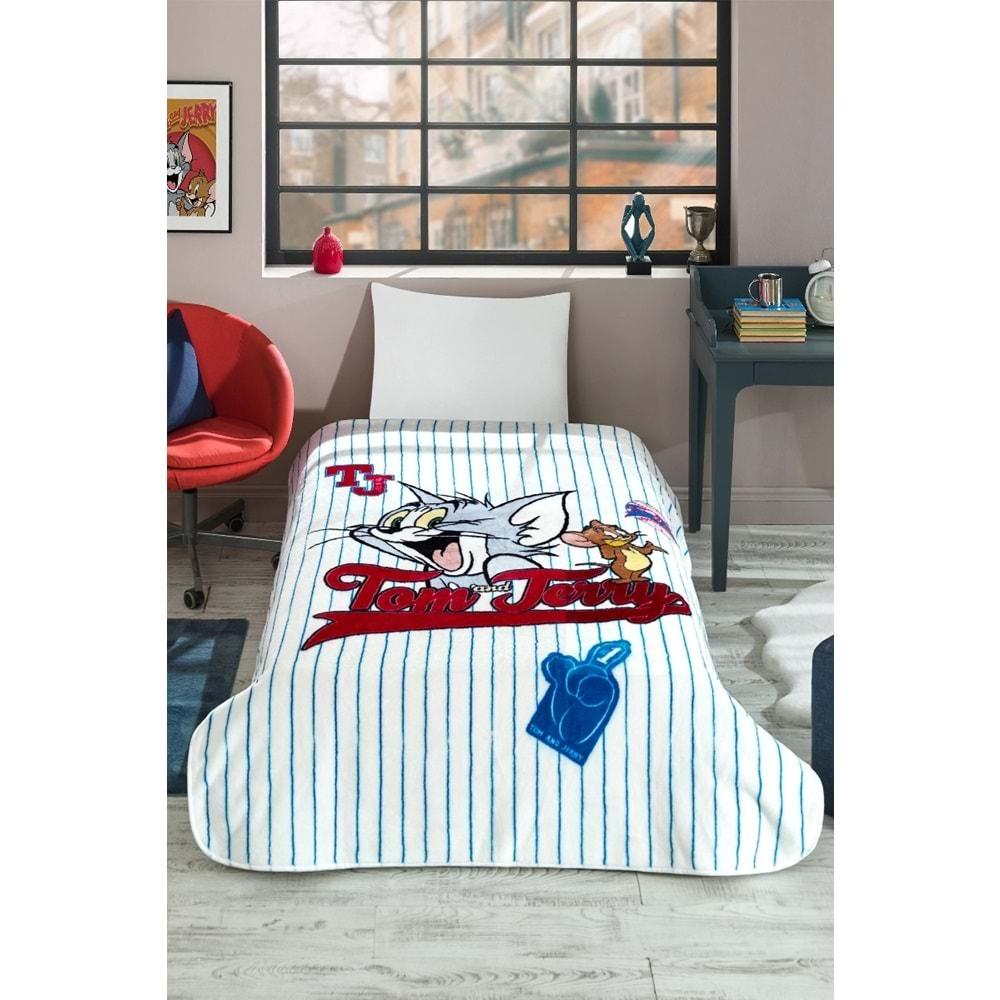 Özdilek Lisanslı Tek Kişilik Çocuk Battaniye (155x215)-Tom ve Jerry Mavi