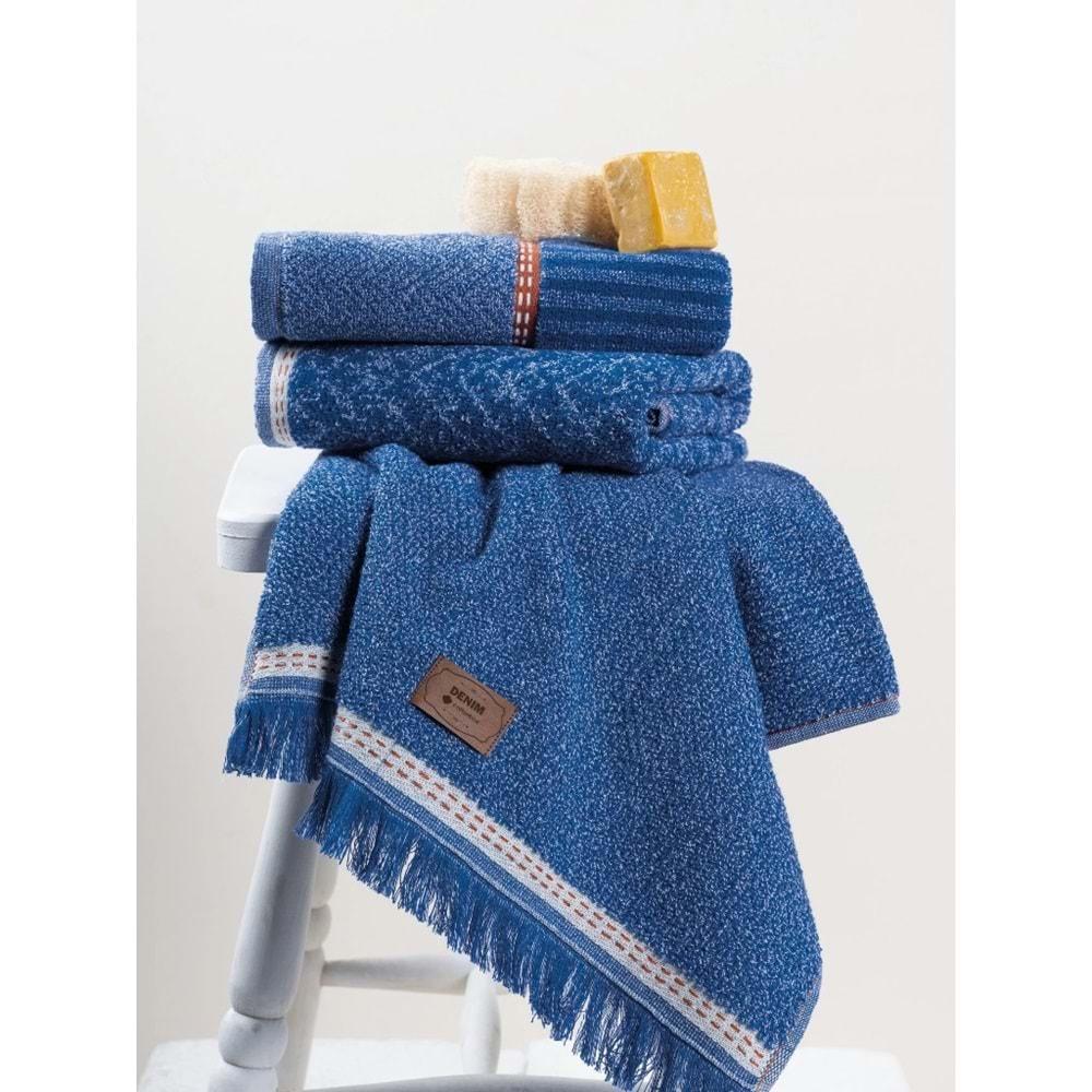 Cotton Box 3'lü Jakarlı Havlu Seti Çantalı (50x90)-Denim Mavi