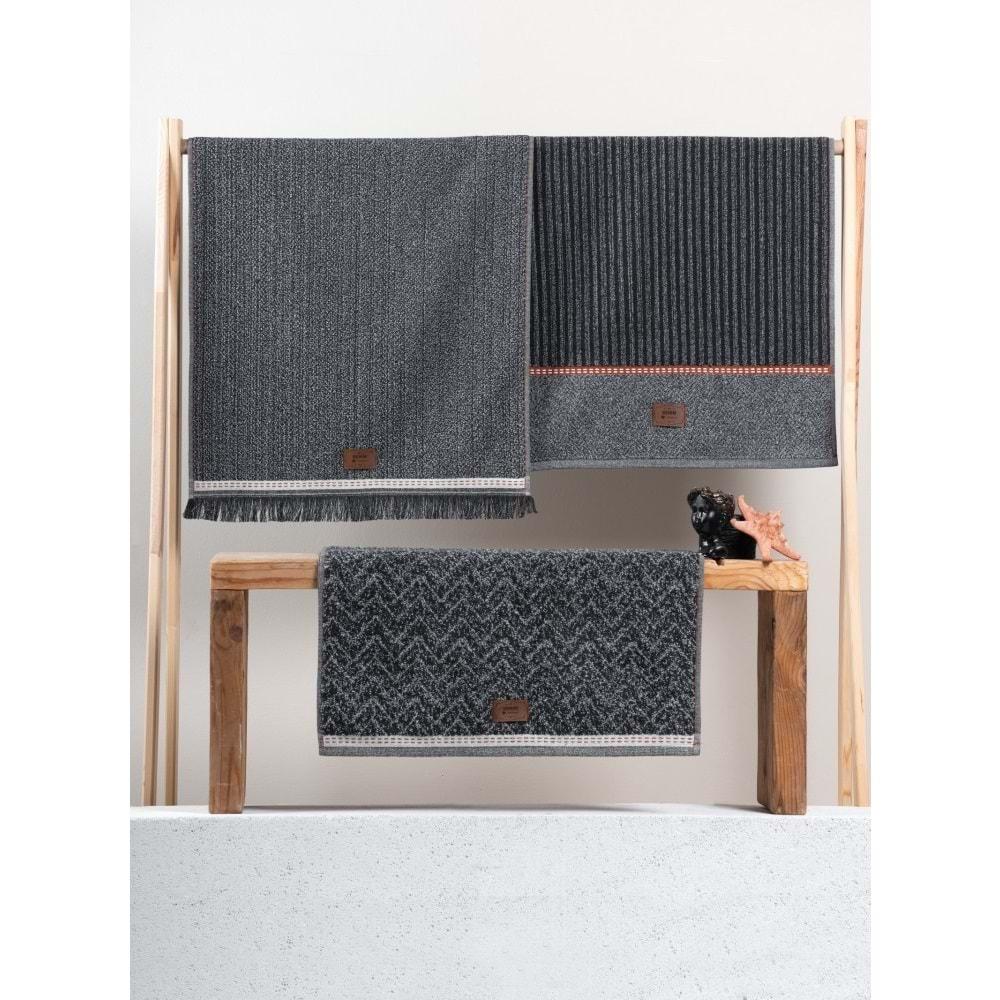 Cotton Box 3'lü Jakarlı Havlu Seti Çantalı (50x90)-Denim Antrasit
