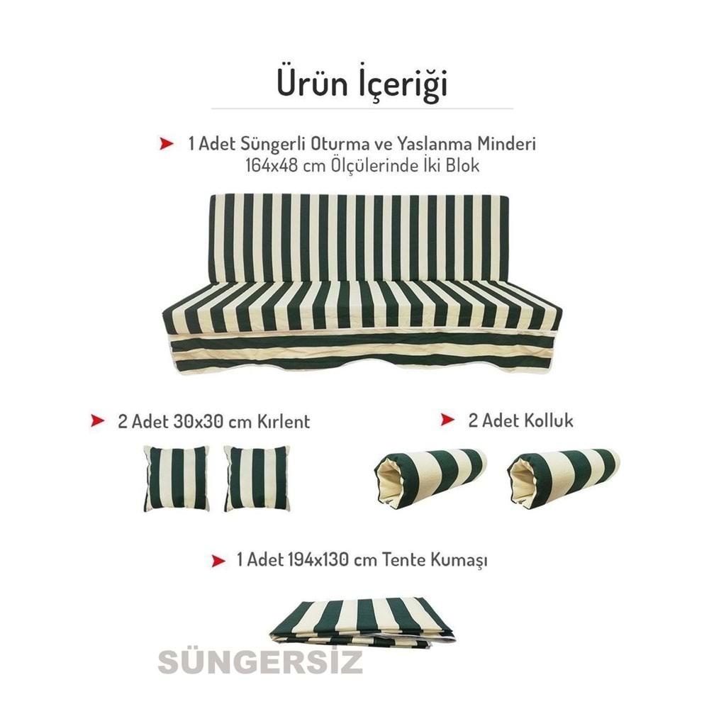 Mandaş Süngersiz 3 Kişilik Salıncak Minder Seti (Pamuklu Kumaş)-Yeşil Krem