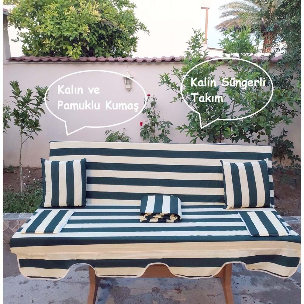 Mandaş Süngerli 3 Kişilik Salıncak Minder Seti (Pamuklu Kumaş)-Yeşil Krem