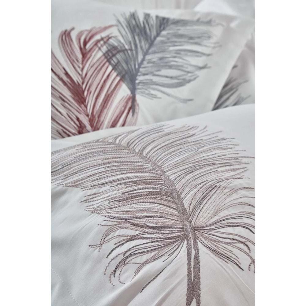 Dantela İz Nakışlı Pamuk Saten Çift Kişilik Nevresim Takımı-Beyaz