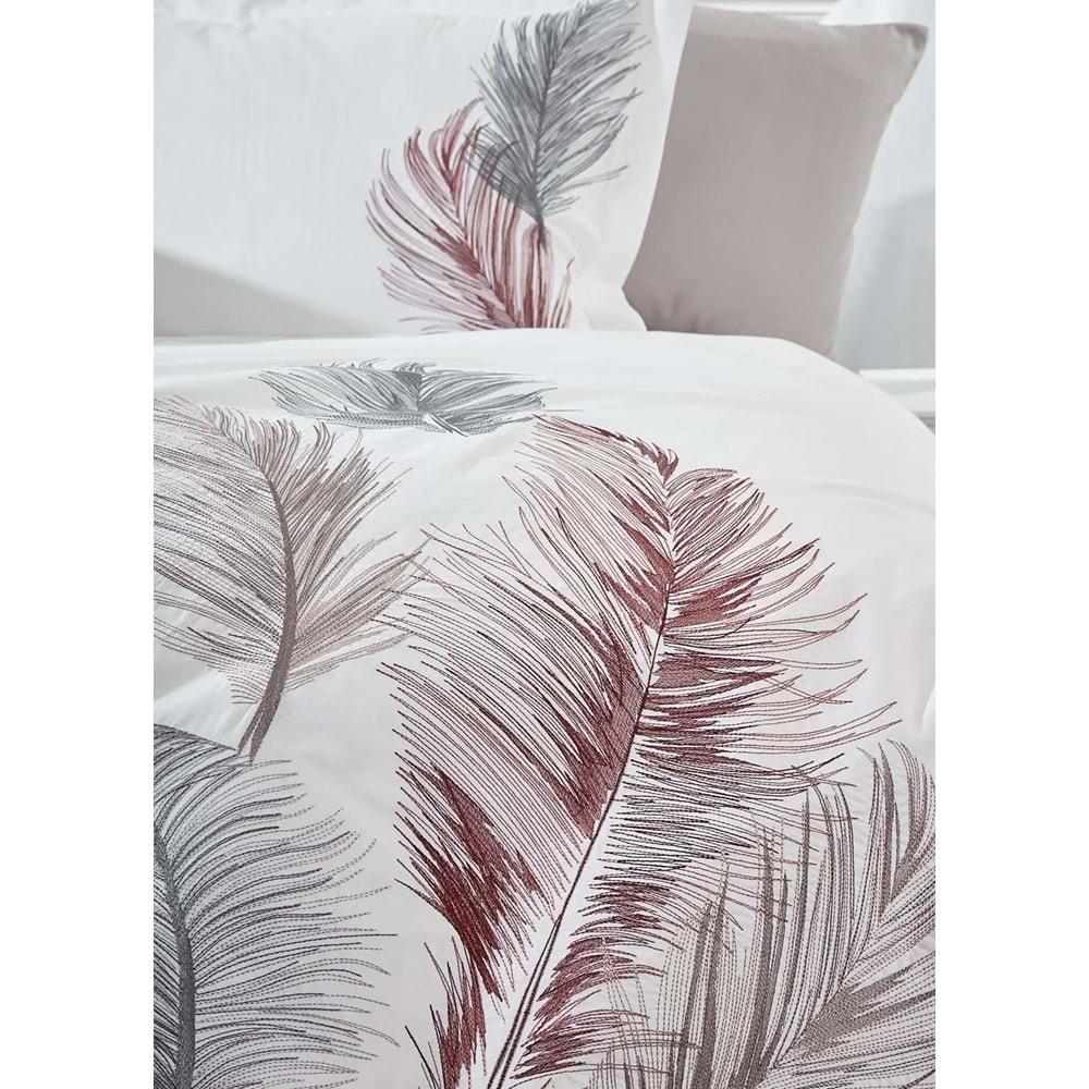 Dantela İz Nakışlı Pamuk Saten Çift Kişilik Nevresim Takımı-Beyaz