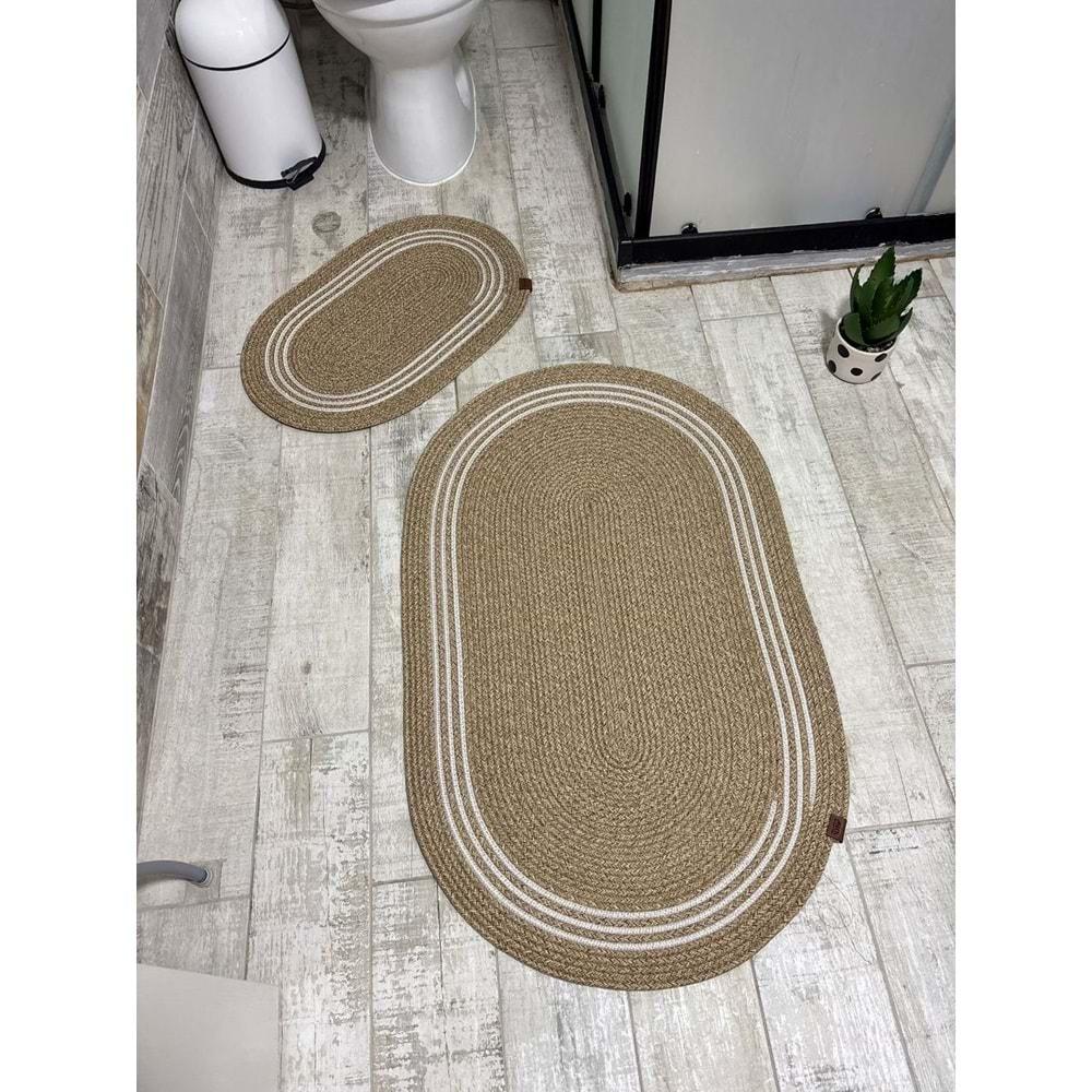 Jüt Hasır 2li Banyo Paspas Takımı-Bej Ortası Aralıklı Beyaz