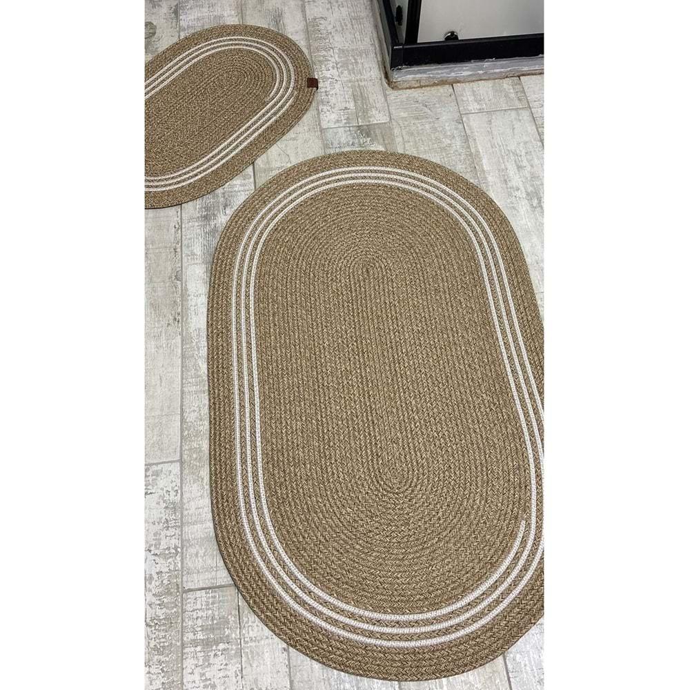 Jüt Hasır 2li Banyo Seti Paspas Takımı-Bej Ortası Aralıklı Beyaz