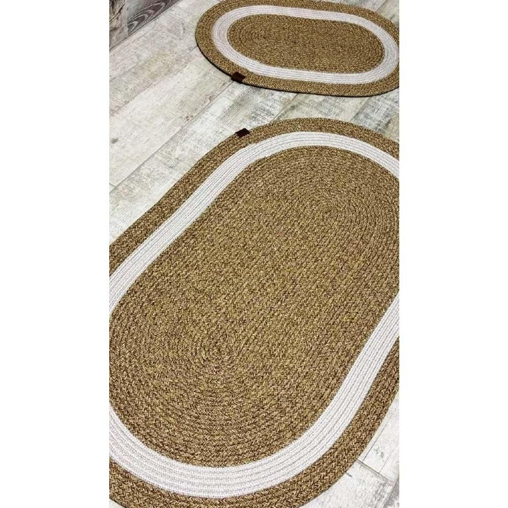 Jüt Hasır 2li Banyo Seti Paspas Takımı-Bej Ortası Beyaz