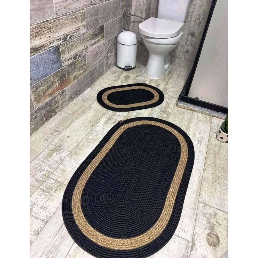Jüt Hasır 2li Banyo Paspas Takımı-Siyah Ortası Bej