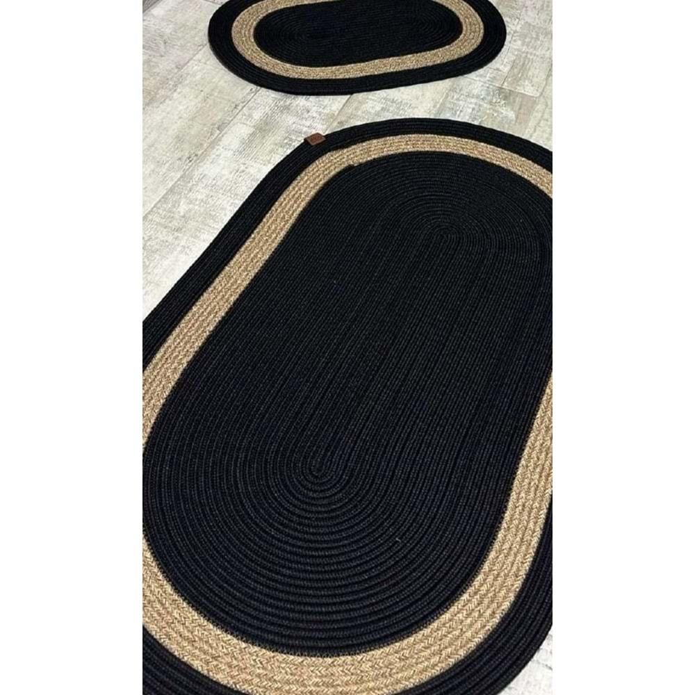 Jüt Hasır 2li Banyo Seti Paspas Takımı-Siyah Ortası Bej