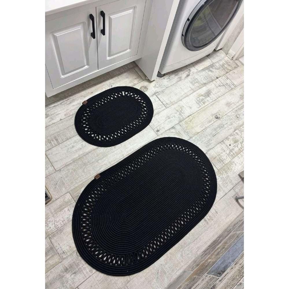 Jüt Hasır 2li Banyo Seti Paspas Takımı-Siyah Trikotlu