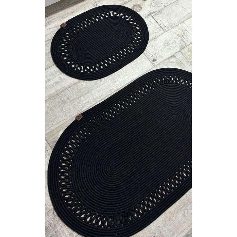 Jüt Hasır 2li Banyo Seti Paspas Takımı-Siyah Trikotlu