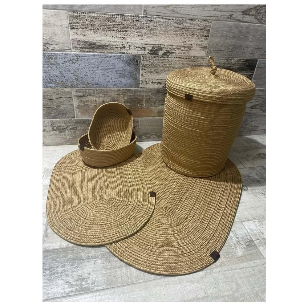 Jüt Hasır 5li Banyo Seti, Çamaşır Sepeti, Paspas Takımı, Oval Sepet-Düz Kırçıllı