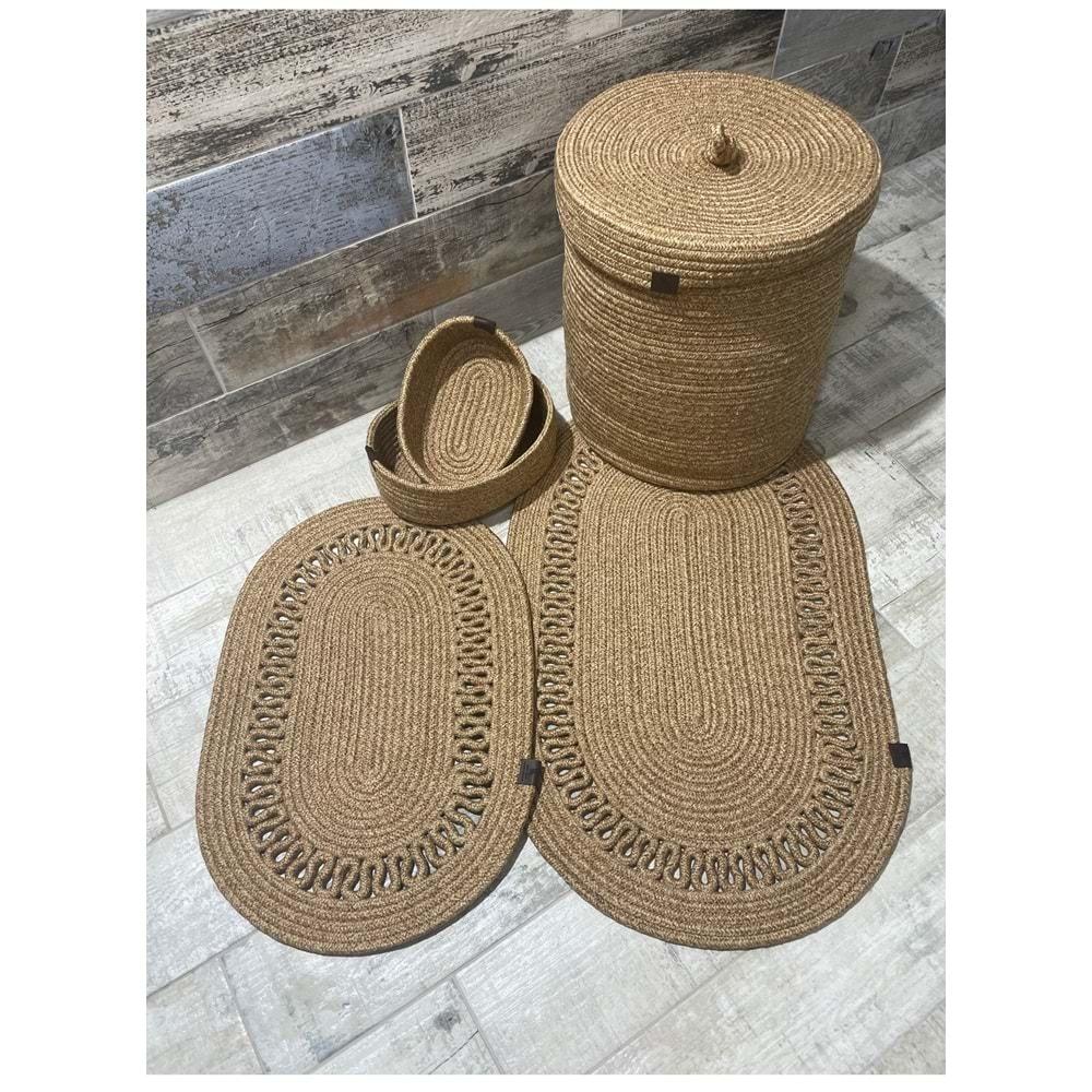 Jüt Hasır 5li Banyo Seti, Çamaşır Sepeti, Paspas Takımı, Oval Sepet-Kırçıllı Trikotlu