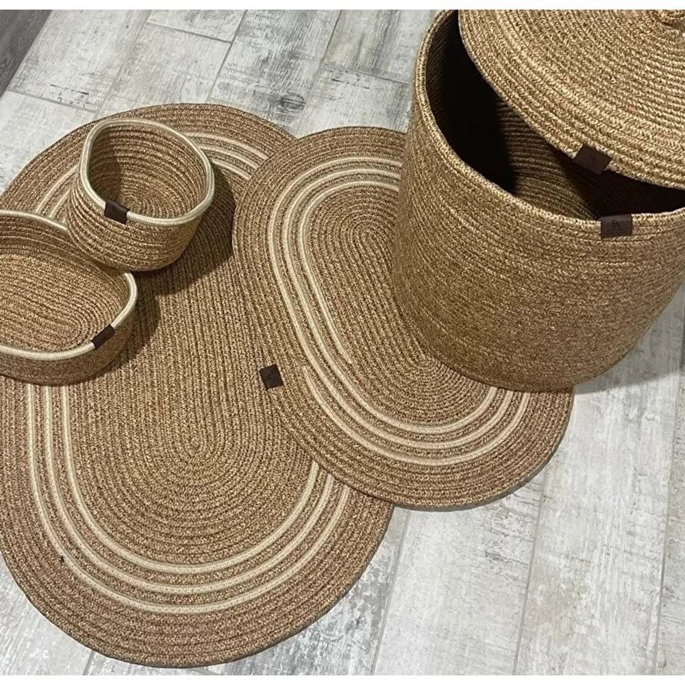 Jüt Hasır 5li Banyo Seti, Çamaşır Sepeti, Paspas Takımı, Oval Sepet-Krem Çizgili v1