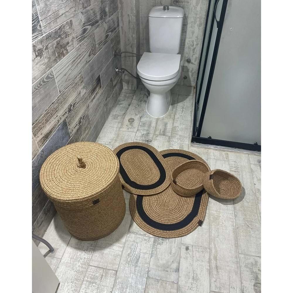 Jüt Hasır 5li Banyo Seti, Çamaşır Sepeti, Paspas Takımı, Oval Sepet-Siyah Çizgili