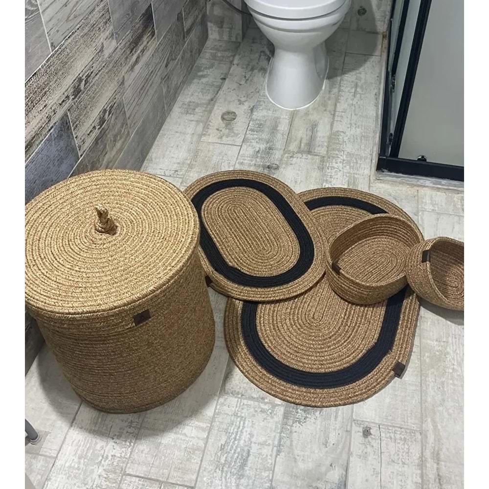 Jüt Hasır 5li Banyo Seti, Çamaşır Sepeti, Paspas Takımı, Oval Sepet-Siyah Çizgili