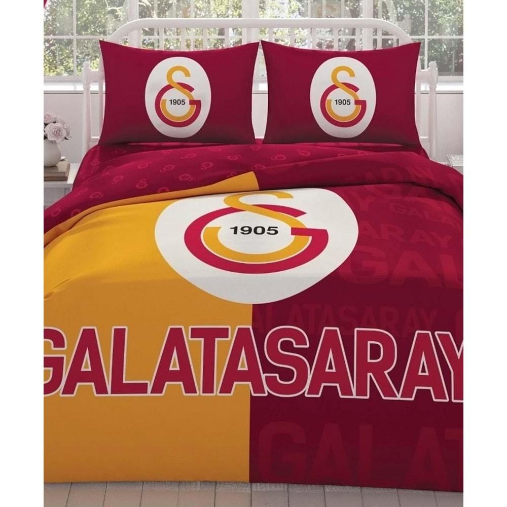 Taç Taraftar Lisanslı Ranforce Çarşafı Lastikli Çift Kişilik Nevresim Takımı-Galatasaray Parçalı Logo