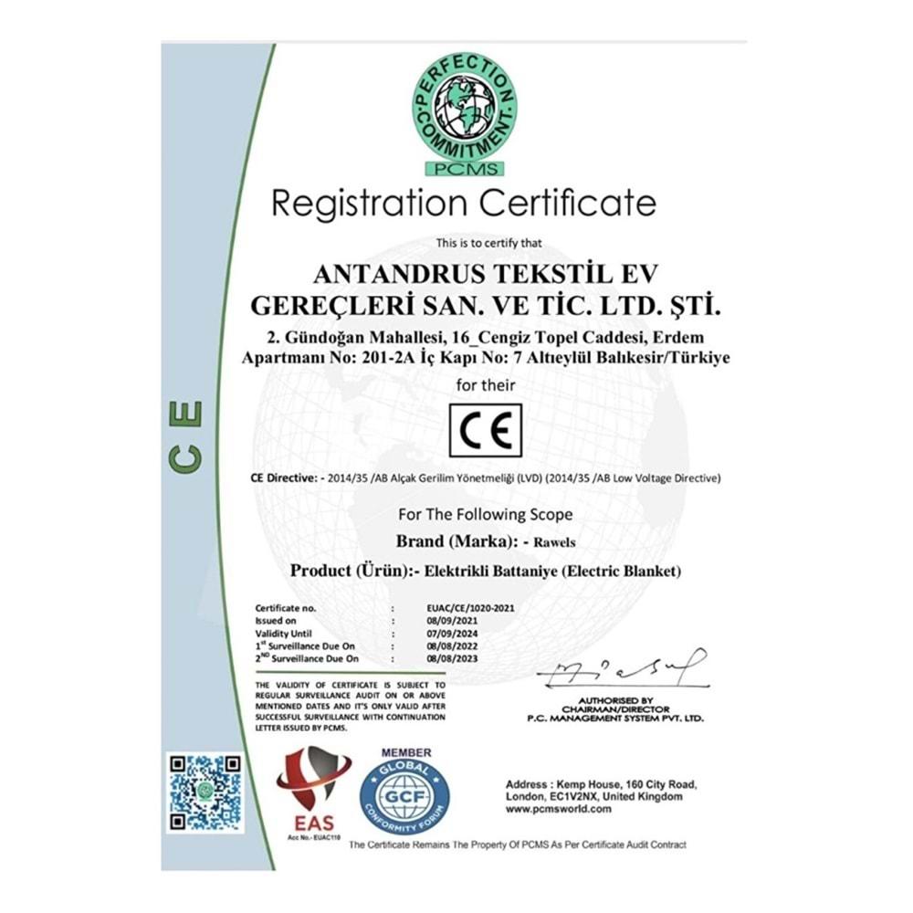 Rawels CE Kalite Belgeli Çift Kişilik Elektrikli Battaniye 120x160 - Leylak