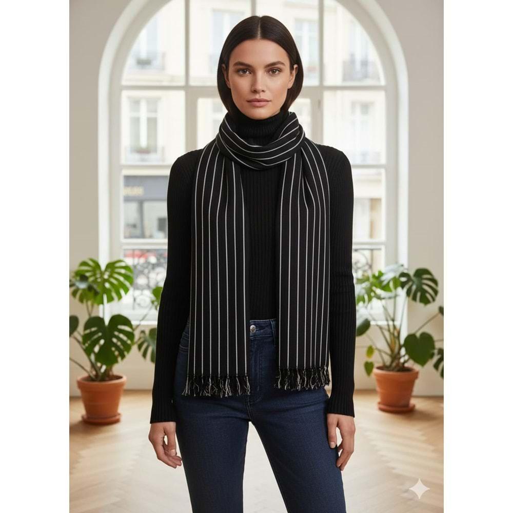 Mira Likralı Viskon El Dokuma Şal 40*199 CMSiyah/ Beyaz