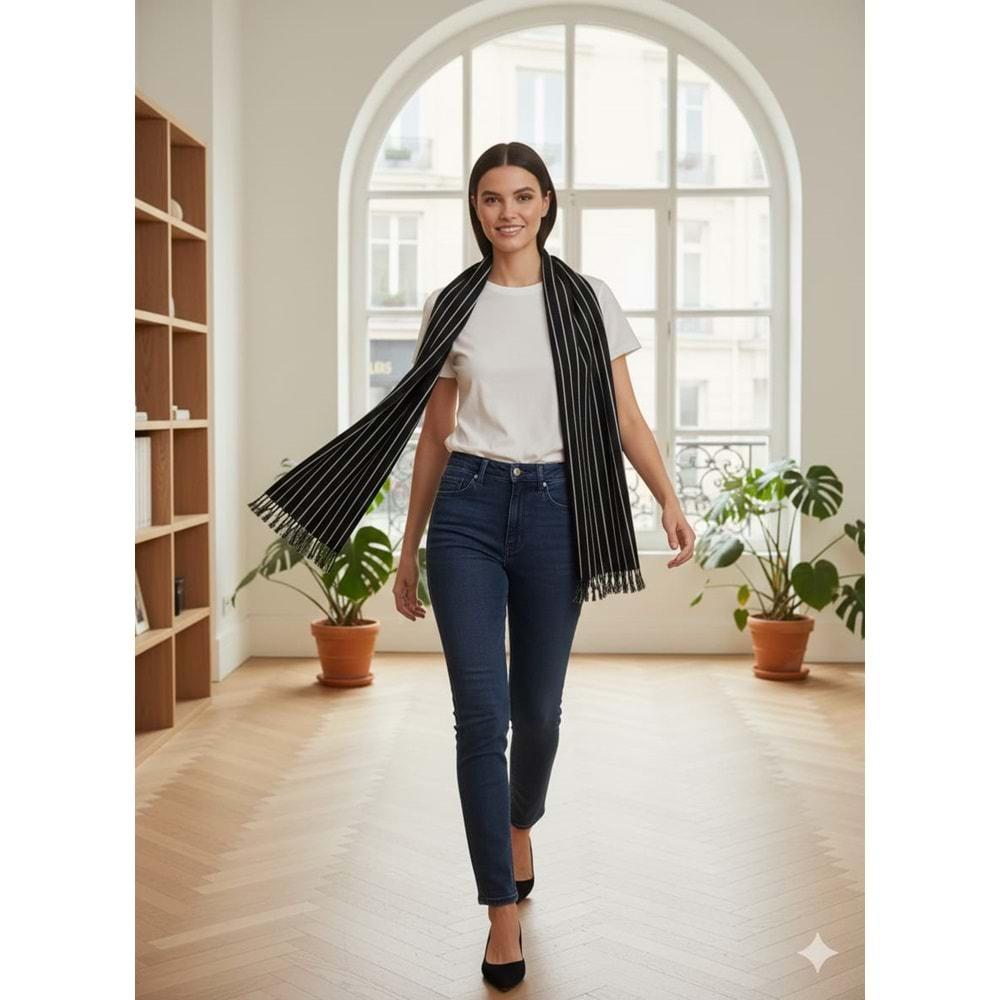 Mira Likralı Viskon El Dokuma Şal 40*199 CMSiyah/ Beyaz