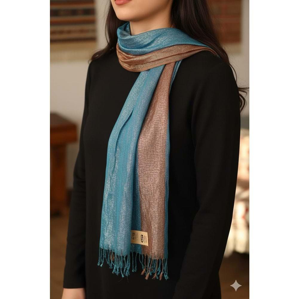 MANİSA El Dokuma ipek Şal 50*190 CM mavi / kahve simli