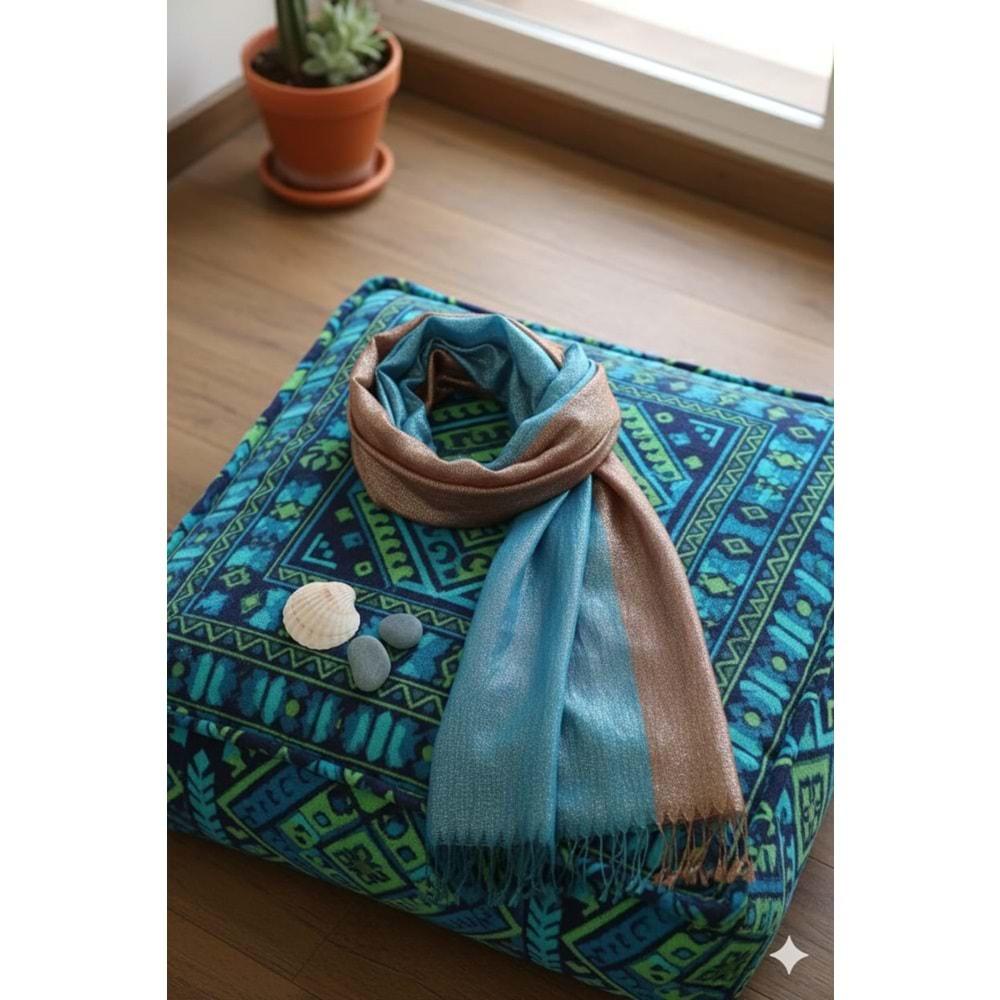 MANİSA El Dokuma ipek Şal 50*190 CM mavi / kahve simli