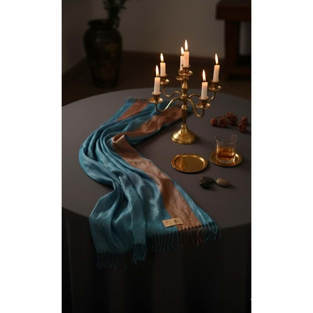 MANİSA El Dokuma ipek Şal 50*190 CM mavi / kahve simli