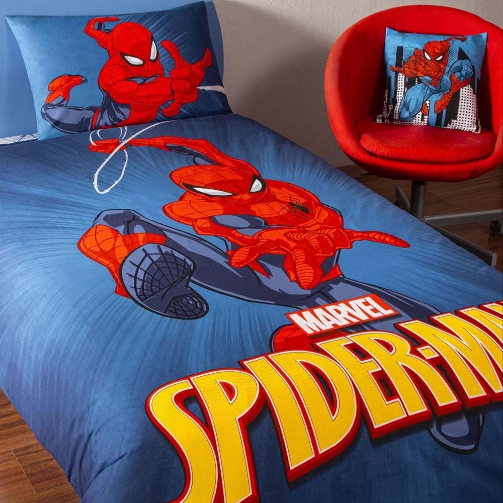 Taç Spiderman Classical Lisanslı Ranforce Çarşafı Lastikli Tek Kişilik Nevresim Takımı-Mavi