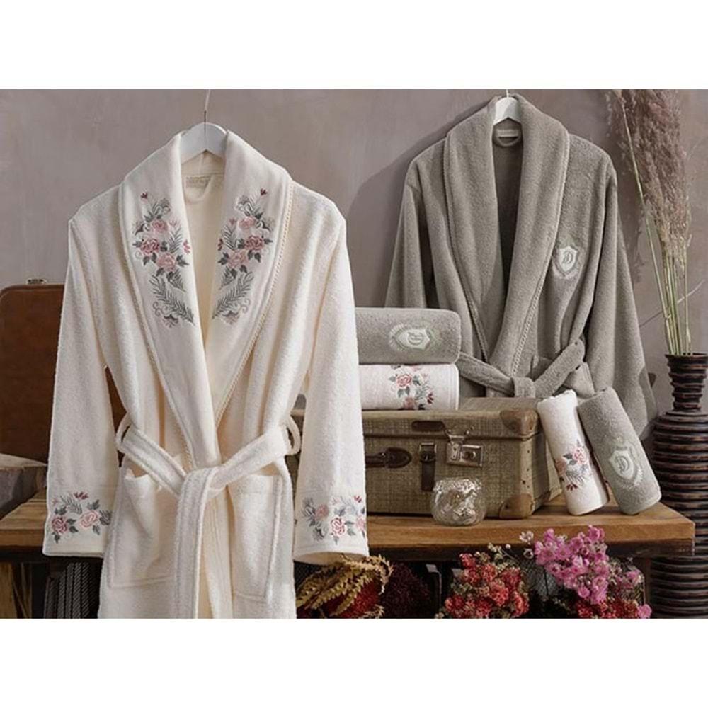 Dantela 6 Prç Nakışlı Penye Aile Bornoz Seti-Larosa Krem- bej