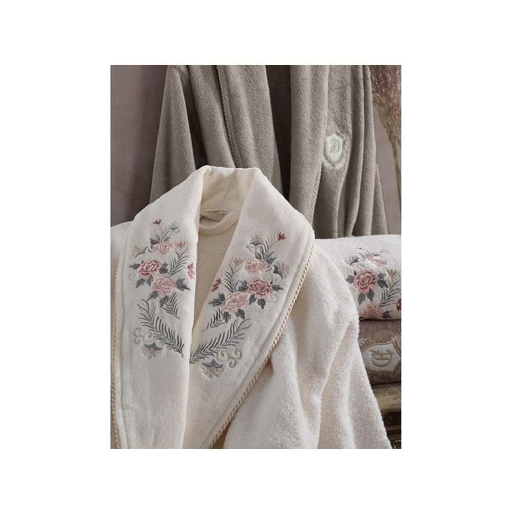 Dantela 6 Prç Nakışlı Penye Aile Bornoz Seti-Larosa Krem- bej