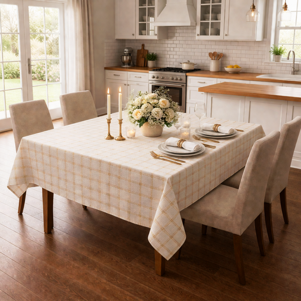 Mandaş Kare desen simli floş ipek masa örtüsü 150*150 gold