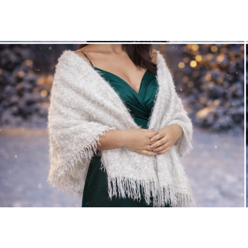 Mandaş Style El Dokuma Angora Bayan Şalı-Beyaz