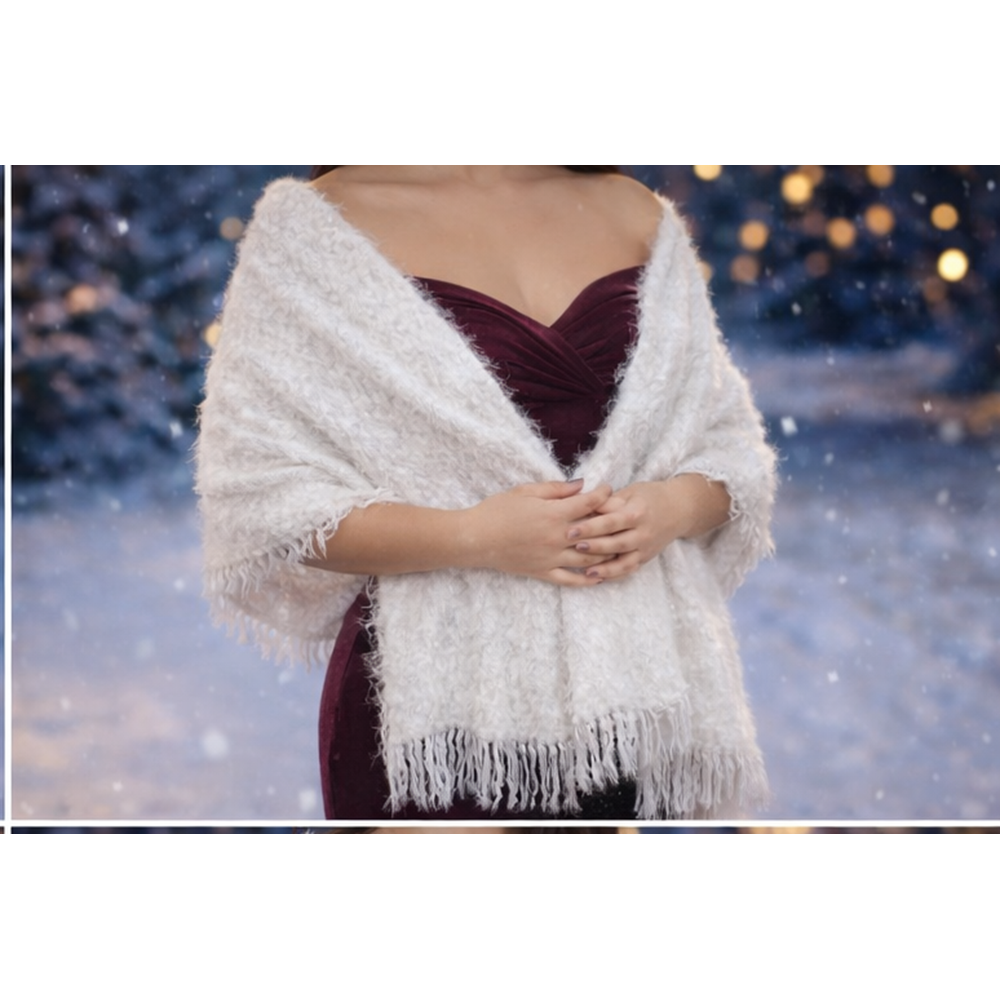 Mandaş Style El Dokuma Angora Bayan Şalı-Beyaz