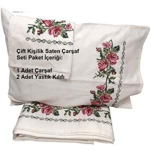 Buldan Kanaviçeli Çift Kişilik Pamuk Saten Çarşaf Seti-Krem