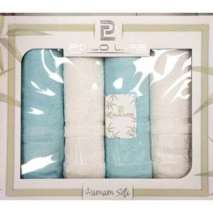 Polo Life 4 Parça Bamboo Hamam Seti (Büyük Boy), Banyo Havlu Takımı-Krem Turkuaz