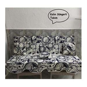 Mandaş Süngerli 3 Kişilik Salıncak Minder Seti (Pamuklu Kumaş)-Saatli Lacivert