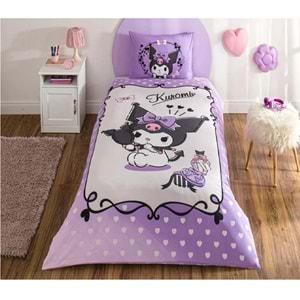 Taç Kuromi Lisanslı Ranforce Çarşafı Lastikli Tek Kişilik Nevresim Takımı-Lila Beyaz