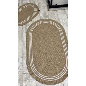 Jüt Hasır 2li Banyo Seti Paspas Takımı-Bej Ortası Aralıklı Beyaz