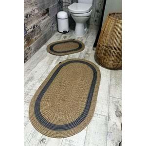 Jüt Hasır 2li Banyo Paspas Takımı-Bej Ortası Gri