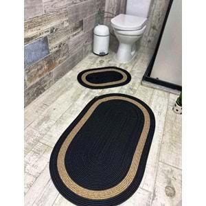 Jüt Hasır 2li Banyo Paspas Takımı-Siyah Ortası Bej