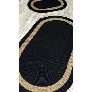 Jüt Hasır 2li Banyo Seti Paspas Takımı-Siyah Ortası Bej