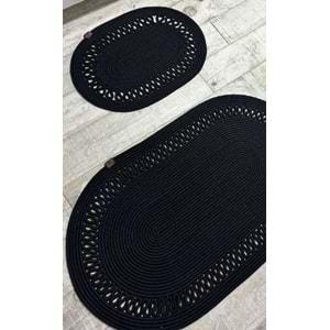 Jüt Hasır 2li Banyo Seti Paspas Takımı-Siyah Trikotlu
