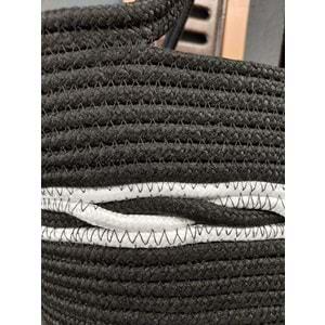 Doğal Hasır Jüt El Örmesi Günlük Kullanım ve Plaj İçin Uygun Bayan Çanta-Siyah Ortası Beyaz Çizgili