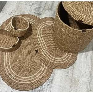 Jüt Hasır 5li Banyo Seti, Çamaşır Sepeti, Paspas Takımı, Oval Sepet-Krem Çizgili v1