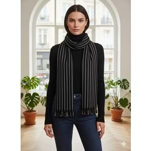 Mira Likralı Viskon El Dokuma Şal 40*199 CMSiyah/ Beyaz