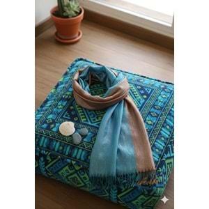 MANİSA El Dokuma ipek Şal 50*190 CM mavi / kahve simli