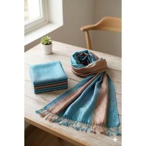 MANİSA El Dokuma ipek Şal 50*190 CM mavi / kahve simli