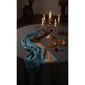 MANİSA El Dokuma ipek Şal 50*190 CM mavi / kahve simli